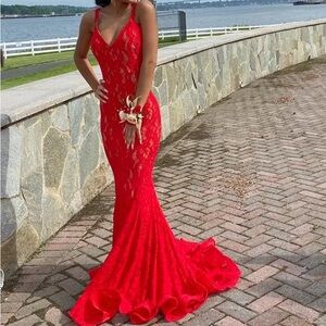 Camille La Vie Red Lace Prom Dress